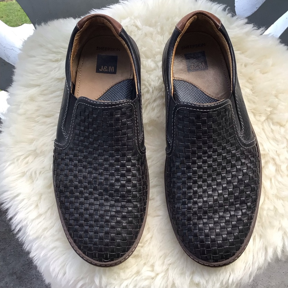 J&M Men’s Woven Slip-on Leather McGuffey Sheepskin Loafers Driving Shoes Black